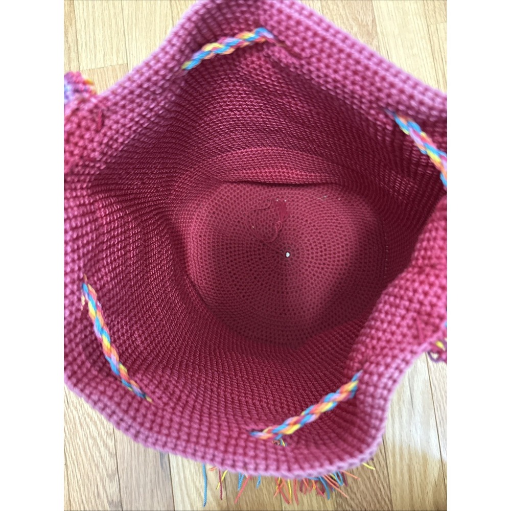 Handmade Crochet Mochila Bucket Bag Magenta Pink Woven Geometric Strap Tassels - Picture 7 of 9